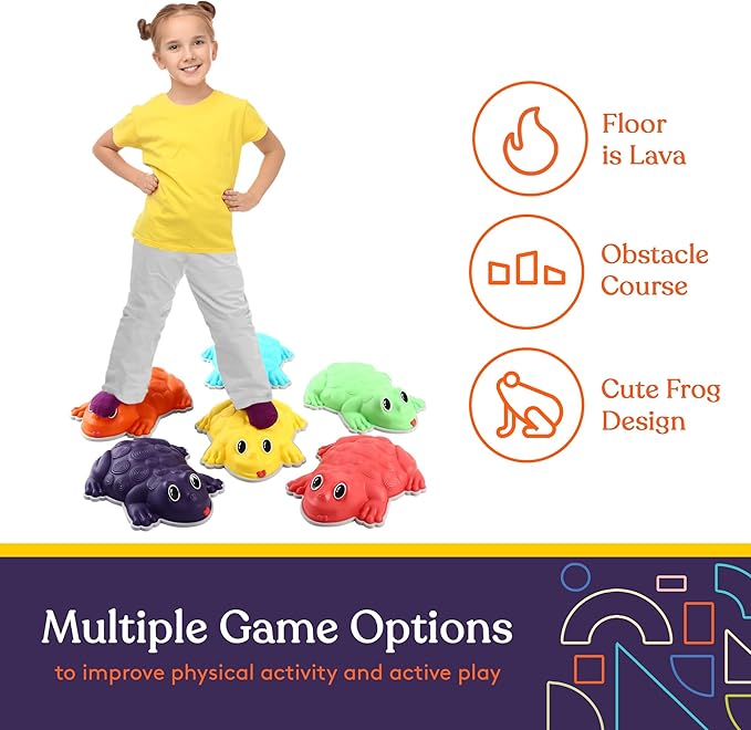 Special Supplies Stepping Stones for Kids - Set of 6 Frog Balance Blocks - Indoor/Outdoor Play - Child Safe Rubber, Non-Slip Edging - Promotes Coordination, Balance, Strength, Game Included
