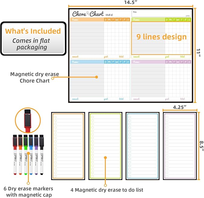JJPRO Magnetic Dry Erase Chore Chart for Fridge-14.5"x11" Chore Chart for Multiple Kids & Adults, 4 to Do Lists for Refrigerator -Dry Erase Chore Board -Behavior Chart for Multiple Kids