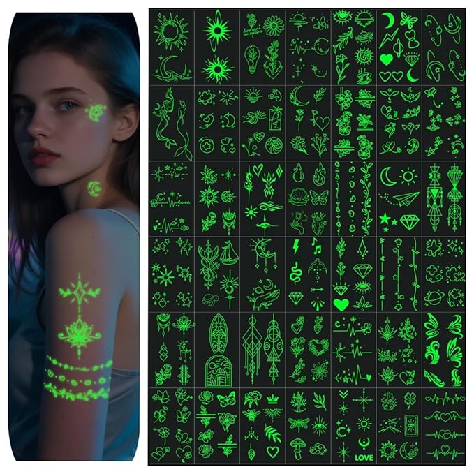 Glow Tiny Temporary Tattoo for Women Men, Luminous Star Sun Heart Butterfly Fake Tattoos, Classical Line Words for Adult Kid Arm Neck Body Tattoos Stickers Party Supplies Realistic, 60 Sheets