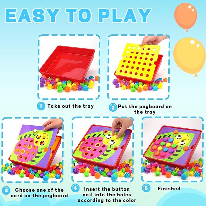 Button Art Toys for Toddlers, Color Matching Mosaic Pegboard for Age 3-5,Early Preschool Learning Activity Button Crafts Educational Toys, Fine Motor Skills Game, Gifts for Boys & Girls 3+