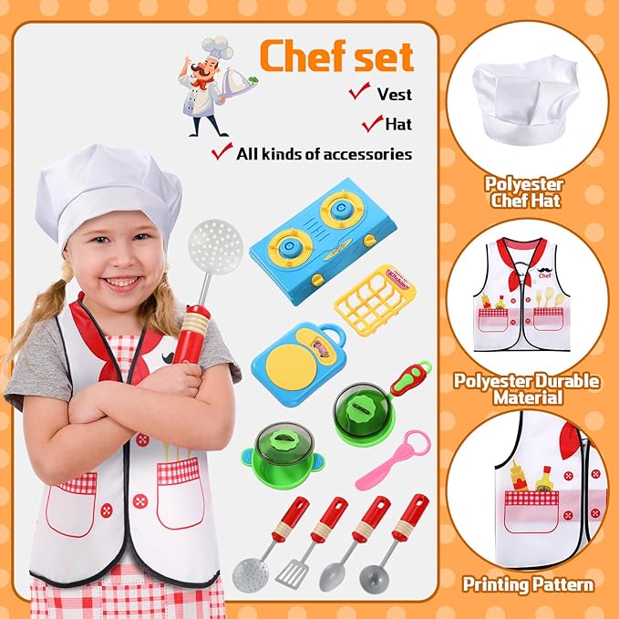 3 Sets Kids Dress up and Role Play Clothes, Boys Girls Dress up Clothes Costumes, Doctor, Chef, Explorer Vest for Kids Children Pretend Role Accessories