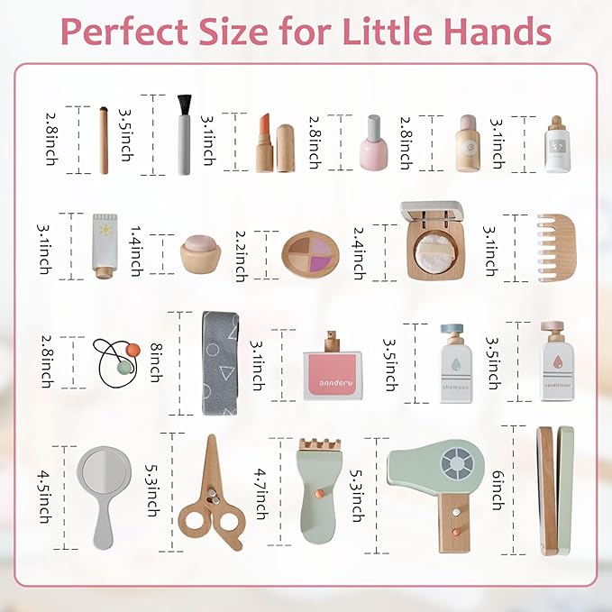 22 PCS Wooden Makeup Toy Set for Toddler Pretend Play,Wood Beauty Salon Toys Cute Wooden Makeup Kit with Realistic Accessories Gift for Girls 3 4 5 6
