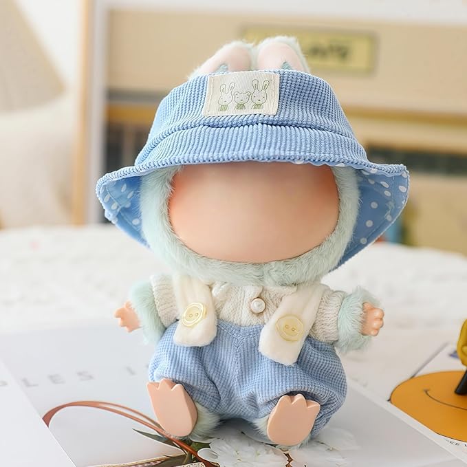Clothes for Dolls Accessories (No Doll), Cute Outfit Set 3 Pieces Bib Pants Suitable for 15 & 17cm Doll Suit, Stylish Dress Up Overalls Doll Clothing Set Replacement with Hat Clothes Blue