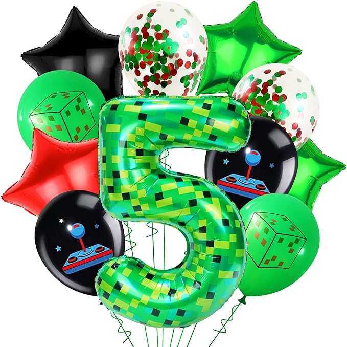 40in Green Pixel Number 5 Balloon Birthday Decorations, Miner Theme Green Foil Balloons Blast Gaming Party Supplies