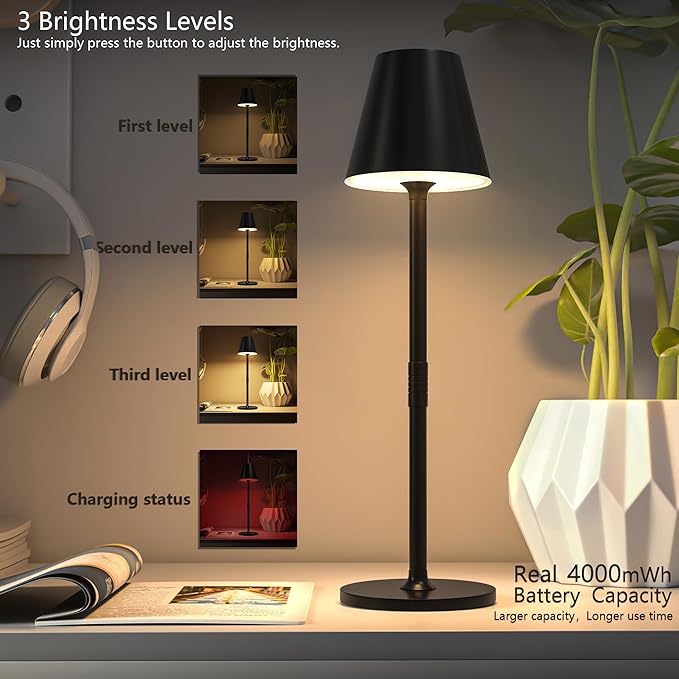 2 Pack LED CordlessTable Lamp,4000mAh Rechargeable Battery Desk lamp,3 Level Brightness Night Light,Minimalist Design, for Couple Dinner/Coffee Table/Restaurant/Bedroom(Black 2pack)