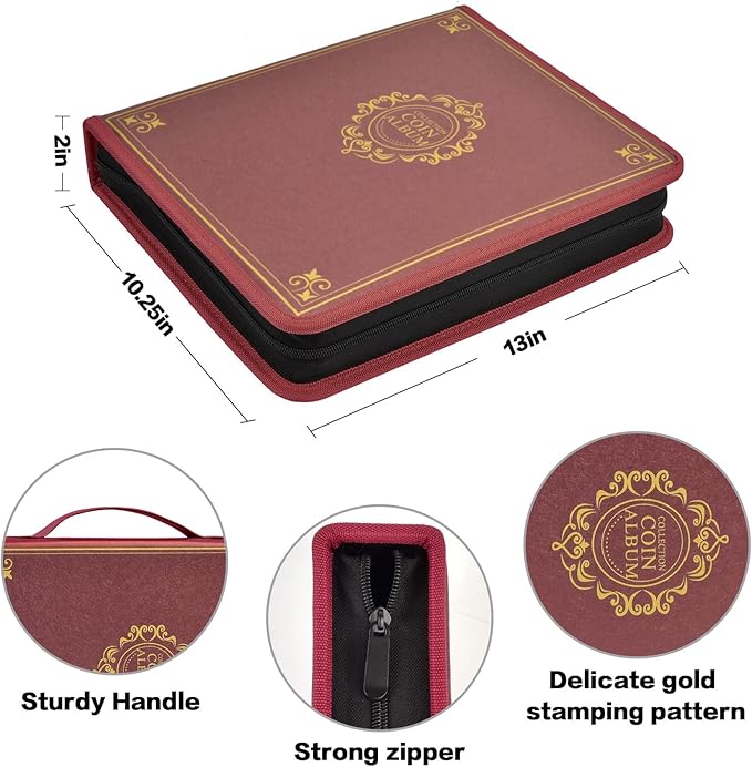Coin Collection Book Holder for Collectors, 200 Pockets Coins Collecting Album & 30 Sleeves Paper Money Display Storage Case for Currency Collection Supplies (200+30 paper money binder)-Red