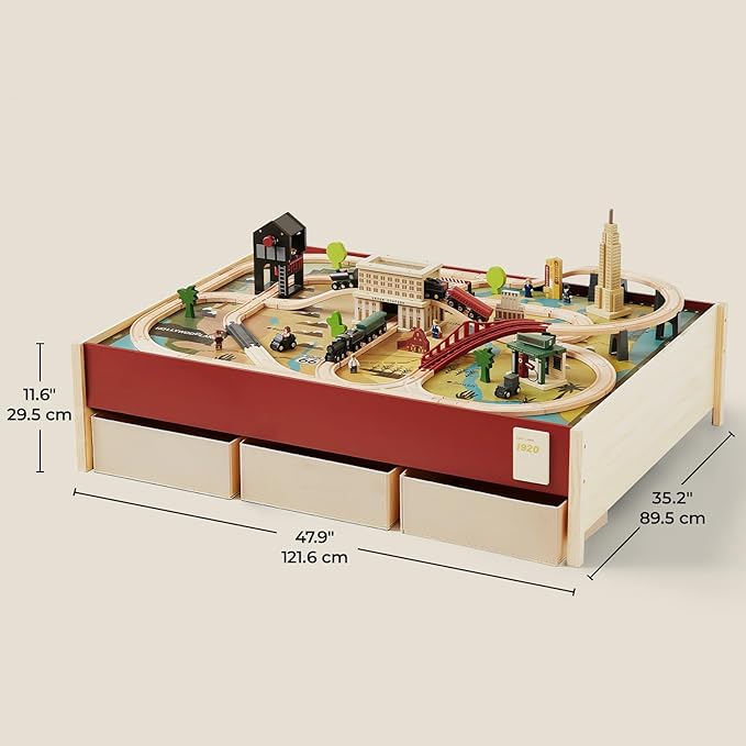 Tiny Land Large Wooden Train Table (47.9”x35.2”), 100PCS Train Set, 3 Storage Bins, Activity Playset for Kids Ages 3+
