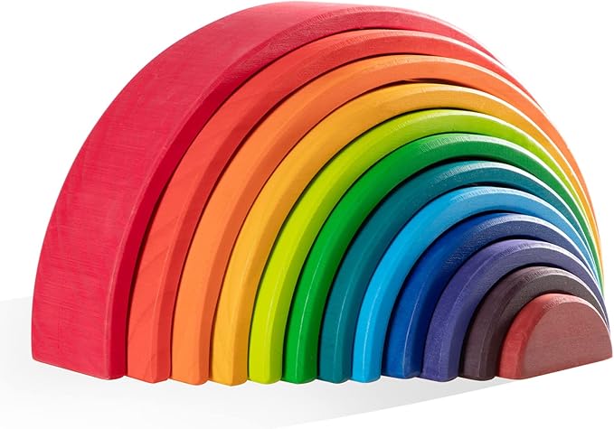 Wooden Rainbow Stacking Toy, 12 Pcs Wood Building Blocks Set, Waldorf Toys for Toddlers, Matching Educational Learning Toy