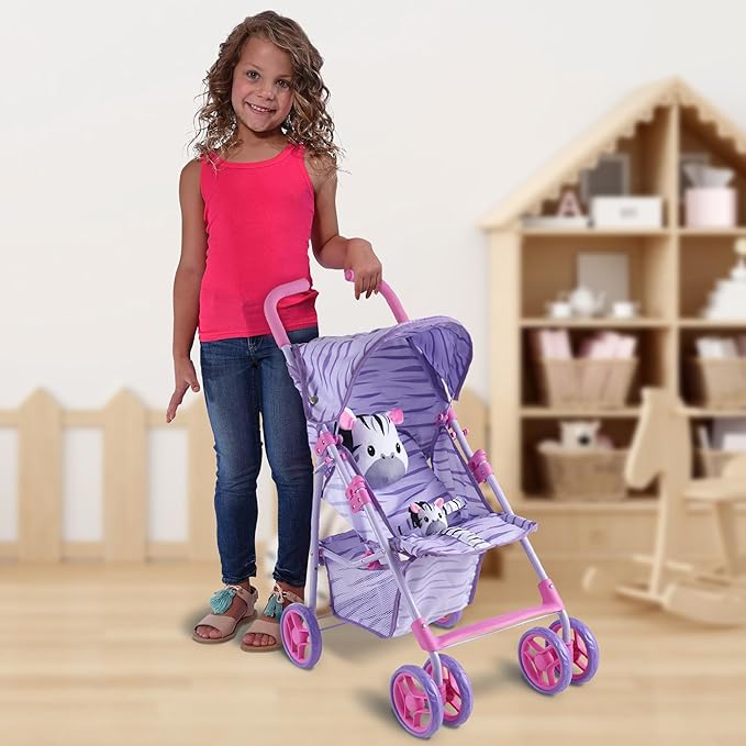 Baby Doll Stroller for Toddlers 1-3, Pillow Animal Toy Baby Stoller for Dolls, Pink & Purple Folding Baby Toy Stroller for Dolls, Foldable Stroller for Girls, for Kids (Zebra)