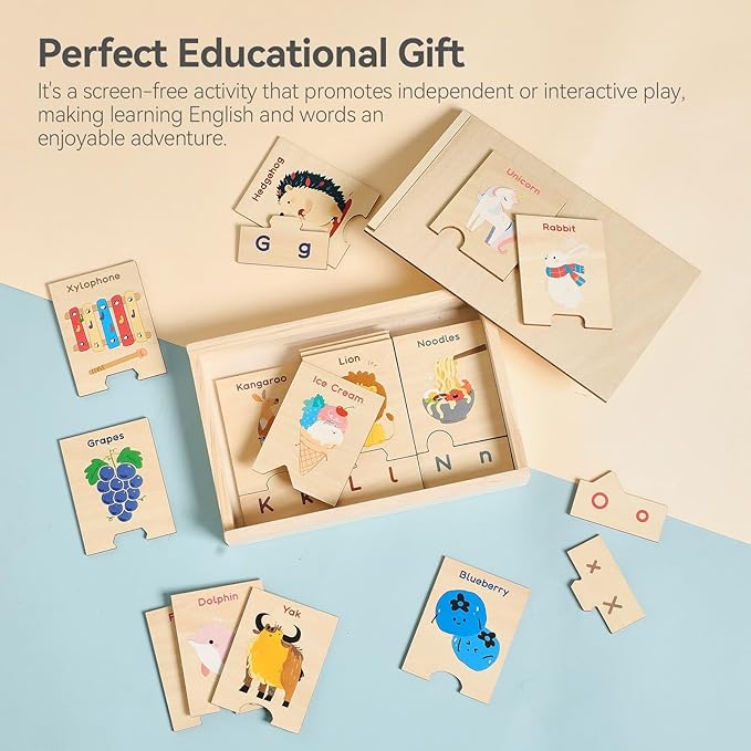 Alphabet Wooden Puzzles with Storage Box - 26 Pairs Self-Correcting ABC Puzzle - Uppercase & Lowercase Alphabet Learning Toys Matching Game - Preschool Educational Toys - Educational Gift 3+