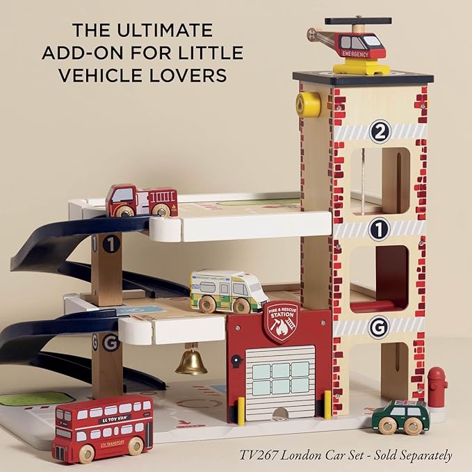 Le Toy Van Wooden 3 Storey Fire & Rescue Garage Toy Car Play Set, Vehicle Role Play Toys, Suitable for 36+ Months, TV453