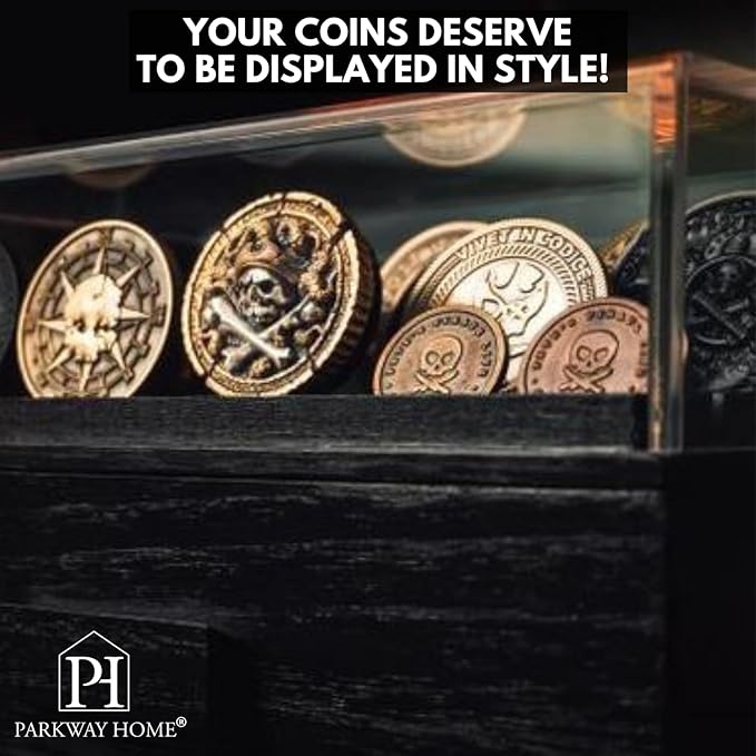 Black Wooden Challenge Coin Display Case with Clear Cover - Medium Military Coin Display Case Holds 20 Coins on Top & 16 in The Storage Drawer - Versatile Coin Stand Holder & Poker Chip Display Case