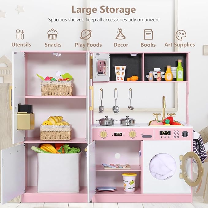 Kinder King Wooden Kids Play Kitchen, Toy Kitchen Playset for Toddler, Play Kitchen Set w/Transparent Coloring Board, Pretend Fridge, Washing Machine, Ice Maker, Gift for Boys Girls Age 3+, Pink
