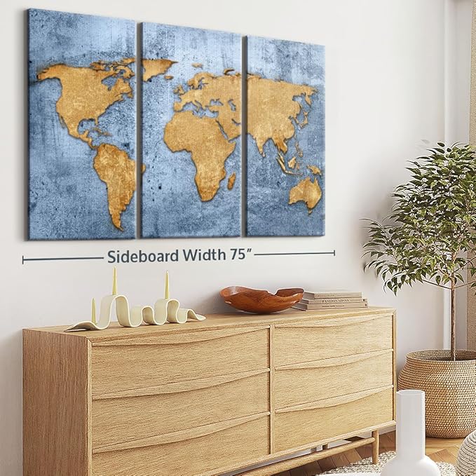 ElephantStock Azure World Map Wall Art Multi Piece Canvas - 3 Panel Wall Decor - Map of the World Art - Canvas for the Office and Home - 74" X 48"