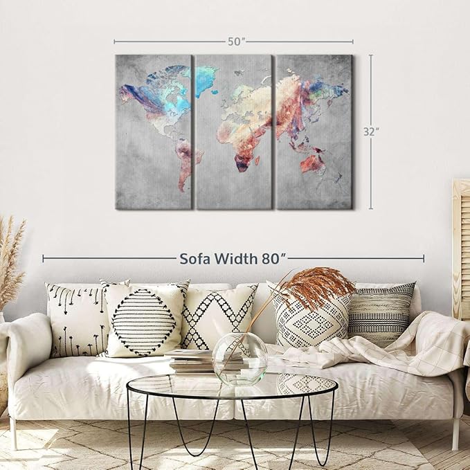 ElephantStock Artistic Touch World Map Multi Piece Canvas - 3 Panel Wall Decor - Map of the World Art - Canvas for the Office and Home - 50" X 32"