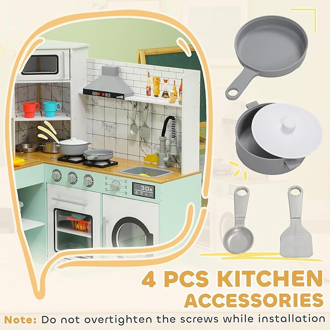 Qaba Play Kitchen, Corner Kids Kitchen Playset with Chalkboard, Range Hood, Ice Maker, Stove, Refrigerator Microwave, Realistic Sound & Lights, Pots, Gift for Toddlers Ages 3+ Years Old