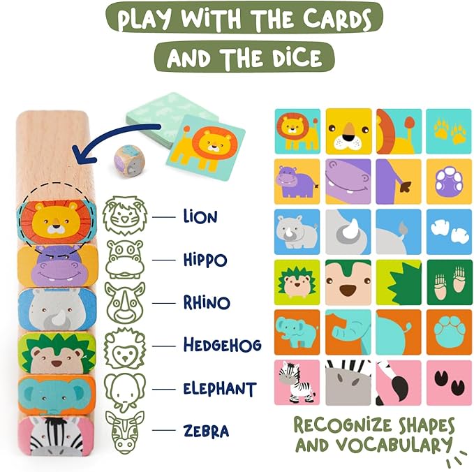 Nene Toys Wooden Block Stacking Game – 4-in-1 Tumble Tower Family Board Game with Building Blocks, Cards and Dice – African Safari Educational Wooden Toy for Kids 3-9 Years Old About Animals