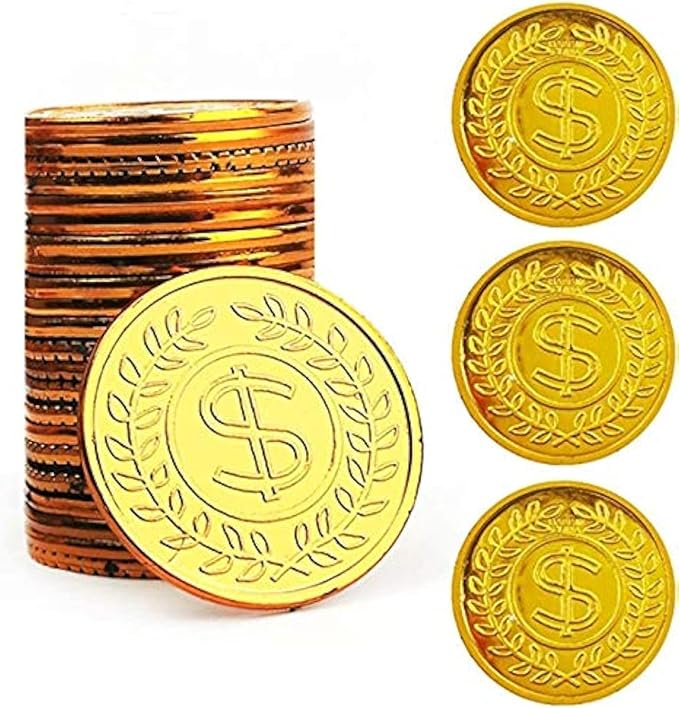 TCOTBE Pirate Gold Coins Plastic Set of 100,Play Gold Treasure Coins for Play Favor Party Supplies, Pirate Party, Treasure Hunt Game and Party Favors