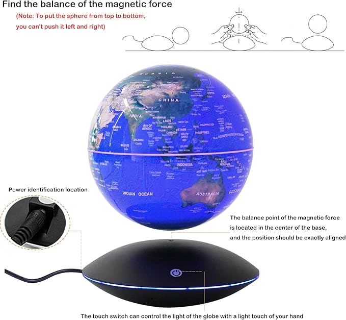 Floating Globe Magnetic Levitation with LED Color Changing Light and Touch Control, Magnetic Levitating Globe for Desk Office Home Decor Educational Gift for Men Father Boys Boss,Blue