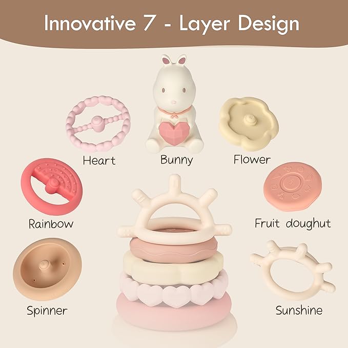 Moonkie Bunny Baby Stacking Toys | 7-Piece Silicone Rings for Teething Relief | Educational Toy for Infants & Toddlers 6 Months+ | Baby Shower or Birthday Gift for Girls