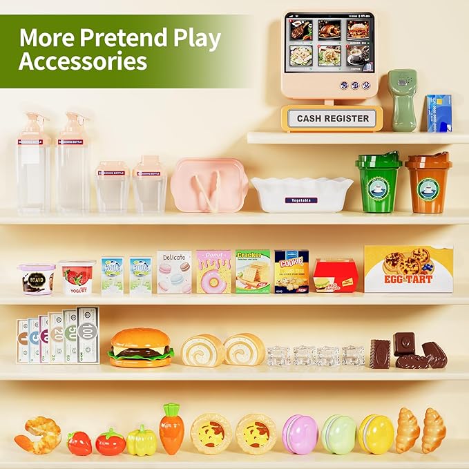 Toddler Toy Grocery Store, Supermarket Playset with Touch Voice Cash Register, Scanner, Coffee Maker, Play Food, Play Money, Pretend Play Toys for Toddlers Kids Birthday