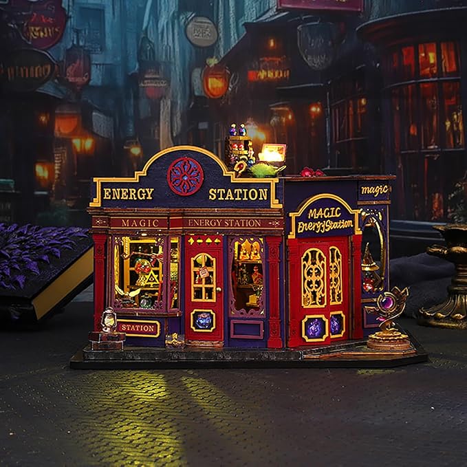 DIY Book Nook Kit - DIY Miniature Dolls House Kit with Furniture and LED Light, 3D Puzzle Wooden Art Bookends, Model Kits for Adults to Build (Magic Energy Station)