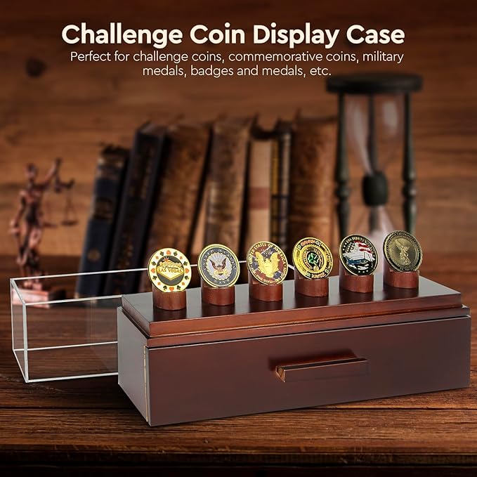 Challenge Coin Display Case, Military Coin Collection Holder with Wooden Coin Box, Drawers, and Clear Acrylic Lid – Gifts for Coins Collectors (6 Pillars)