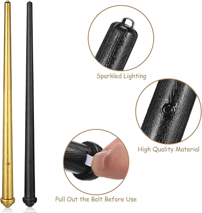 Sumind 4 Pieces Light up Wand Magic Light and Sound Toy Wizard Wands, Illuminating Witch Wand, Costume Accessory for Halloween Cosplay Birthday Party Favors(Black, Gold)