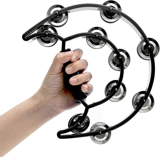 Musfunny Tambourine Double Row Metal Jingles Hand Held Percussion Half-Moon Tambourines Musical Instrument Gifts for Kids, Adults, Party - Black