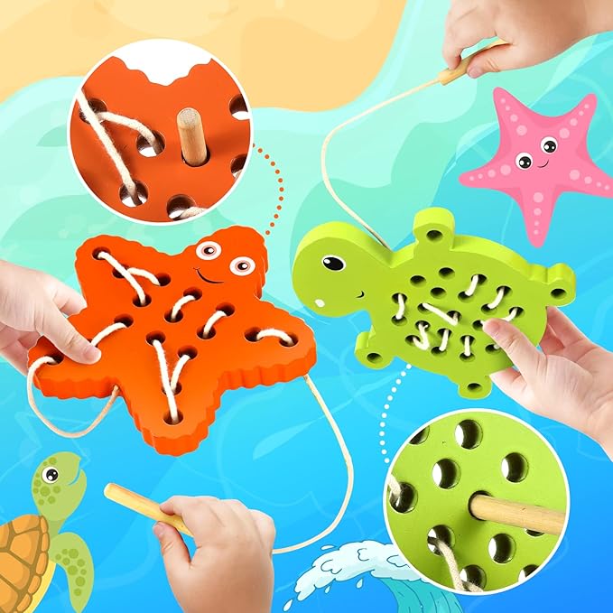 KLT Wooden Lacing Toys for Toddlers Fine Motor Learning, 1 Turtle 1 Starfish Wood Puzzle Preschool Educational Toys, Montessori Gifts for Kids 3-5