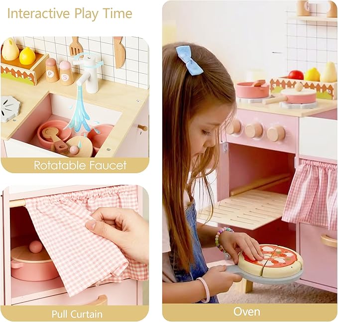 Pink Wooden Play Kitchen with Realistic Features & Accessories, Pretend Cooking Toy for Kids 3+, Ideal Gift for Toddler Boy and Girls