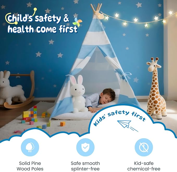 Teepee Tent for Kids with Padded Mat, Lights, and Carry Bag, Washable Playhouse for Indoor Use, Ideal Play Tent for Girls and Boys,Stripe Blue