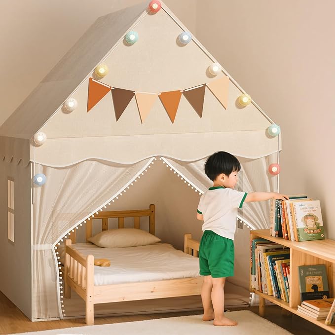 EagleStone Kids Play Tent with Star Light and Padded Mat, Playhouse for Kids, Neutral Color Play Room Furniture, Indoor Bed Tent Gift Toys for Toddle 3,4,5,6-Year-Old Girls,Boys, Girls,