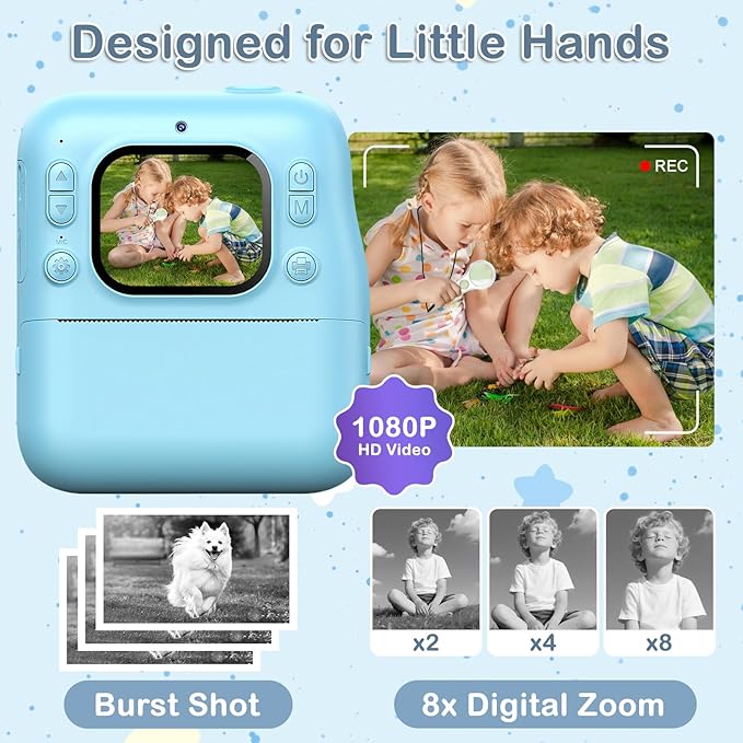 Kids Instant Print Camera, 1080P HD Kids Camera Instant Print, Includes 32GB SD Card, Adapter & 4 Zink Paper Rolls, Best Christmas or Birthday Gift for Girls Boys Age 3-12（Blue）
