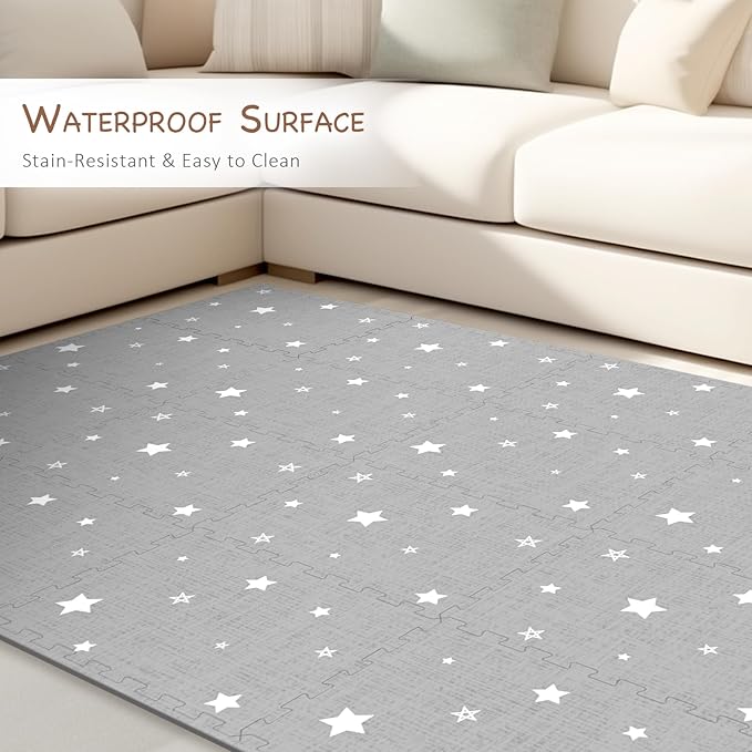 Extra Large Baby Play Mat - 4FT x 6FT Non-Toxic Foam Puzzle Floor Mat for Kids & Toddlers (Grey/White Star)