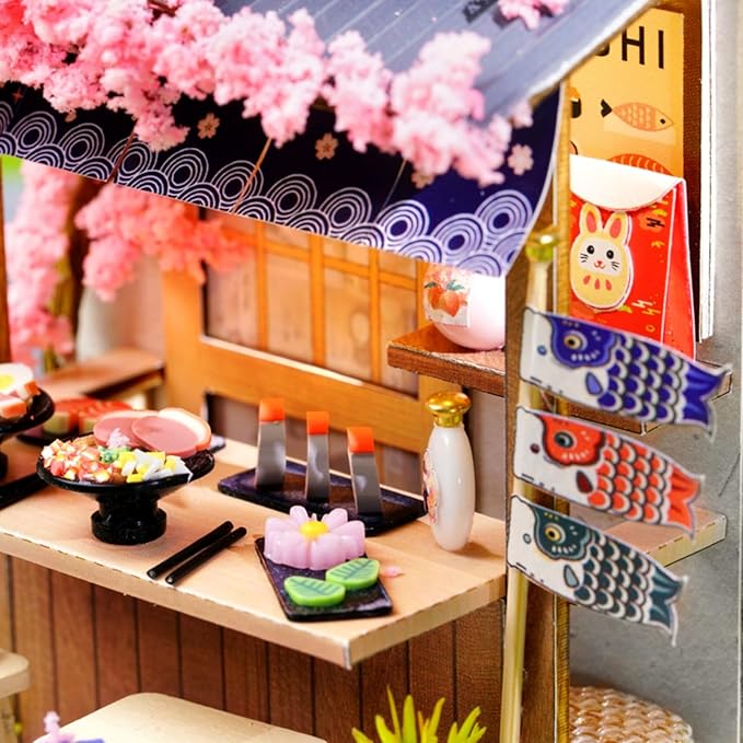 OZJAY DIY Miniature House Kit with Dust Proof Cover, 1:24 Scale Creative Room Mini DIY Wooden Dollhouse Miniature Kit for Adults Teen-Sakura Noodle Shop