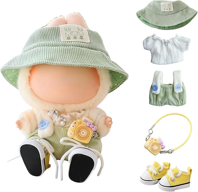 Clothes for Dolls Accessories (No Doll), Cute Outfit Set 5 Pieces Bib Pants for 15 & 17cm Doll Suit, Stylish Dress Up Overalls Doll Clothing Set Replacement with Hat Clothes Shoes Green