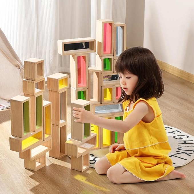 Large Wooden Building Blocks Set for Toddlers, 36 PCS Big Colorful Rainbow Window Hollow Blocks Set Montessori STEM Construction Toy for Kids Sensory Stacking Blocks for Preschool Kindergarten Play