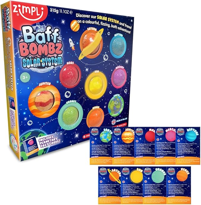 Zimpli 9 x Solar System Bath Bombs Gift Set, 9 x Planetary Fact Cards, Educational Planet Bath Bombs for Children, Science Kits for Boys & Girls, Bath Toy Birthday Presents