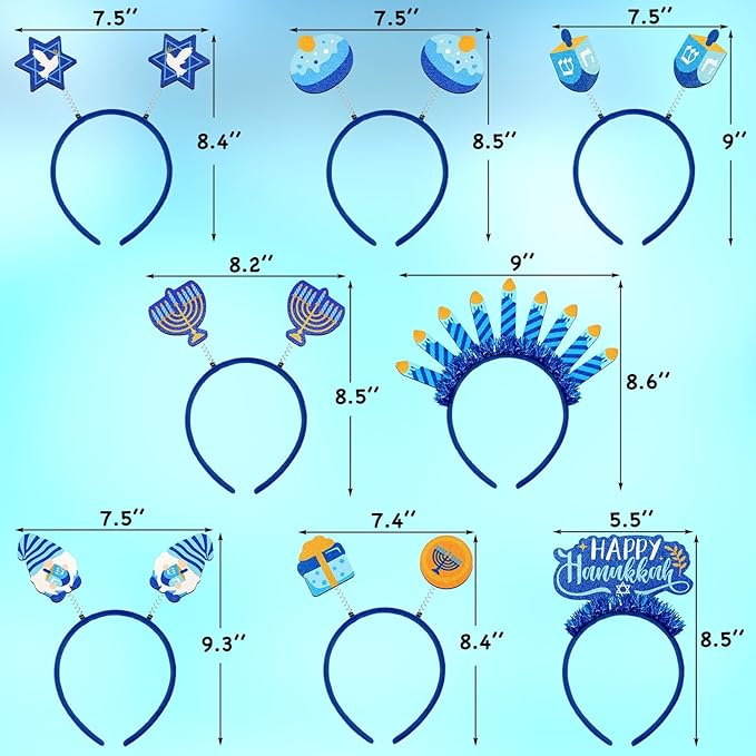 CiyvoLyeen Hanukkah Headbands 8 Pcs Gnome Menorah Dreidel Decorations Festive Head Hat Toppers Photo Booth Chanukah Party Favors Supplies Gifts Blue