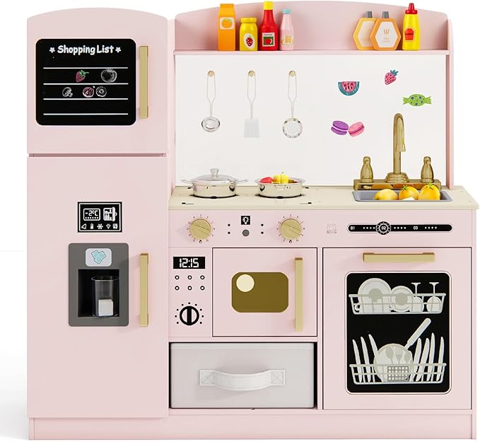 Costzon Kids Kitchen Playset, Wooden Pretend Play Kitchen w/Real Lights & Sounds, Chalkboard, Microwave, Ice Maker, Dishwasher, Sink, Cookware Accessories, Play Kitchen for Kids Ages 3+ (Pink)