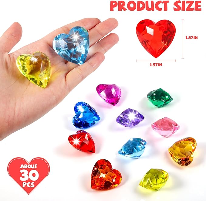 Niceup 56pcs Heart and Diamond Diving Gems 1.57in Tressure Box Easter Egg Filler Princess Party Decoration Favors Crystal Acrylic Heart Shape Gemstones for Summer Swimming Training Pool Toys