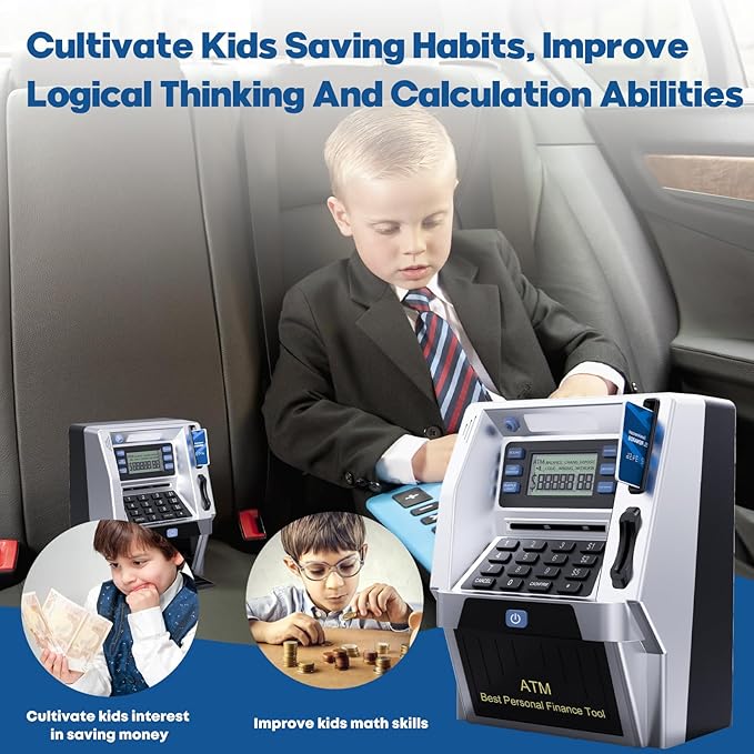 Blingbin Upgraded ATM Piggy Bank for Kids, ATM Bank Machine for Real Money with Debit Card, Bill Feeder, Coin Recognition, Balance Calculator, Electronic Saving Safe Machine Box for Boys Girls Gift