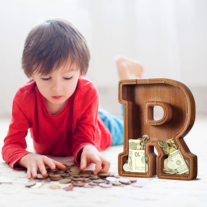 Summidate Customized Name Extra Large Wooden Piggy Bank for Kids Boys Girls Alphabets Letter A-Z Coins Bills Money Change Saving Box Clear Cover (Laser Engraved) Educational Toys 12"- Letter R