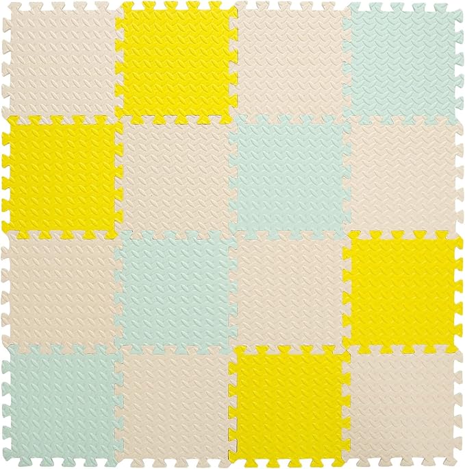 Foam Floor Mats for Kids, 12 x 12 Inch 16 Tiles 0.4" Thickness Foam Play Mat, Non-Toxic Square Interlocking Floor Mats Rubber Baby Play Mat for Toddlers(Beige/Yellow/Bean Green)