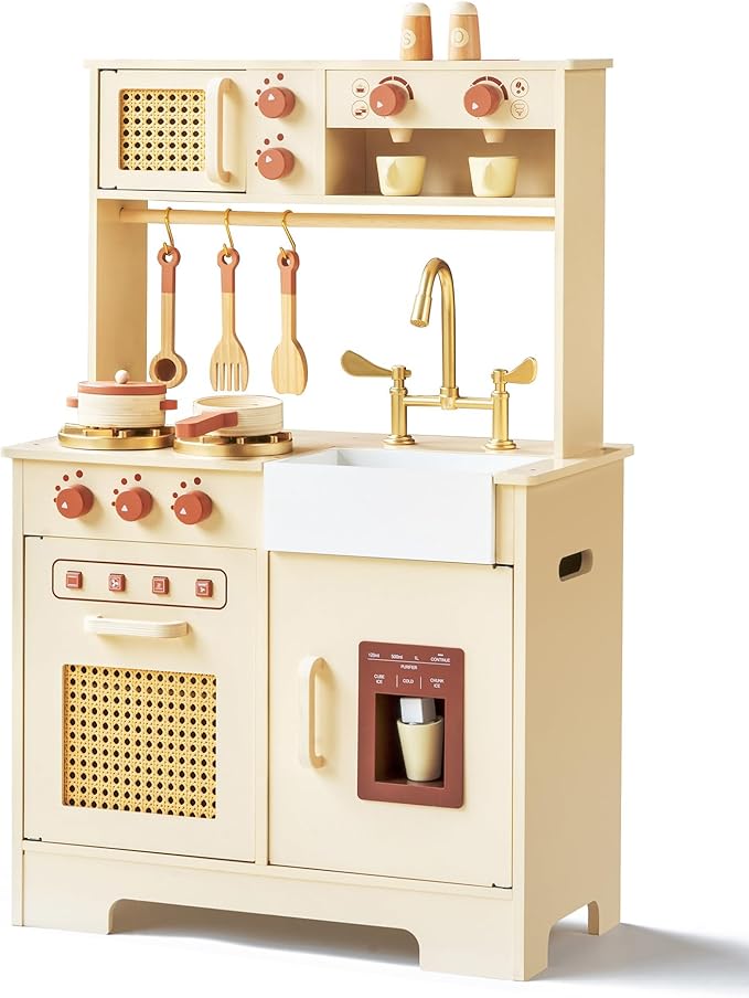 Play Kitchen for Kids, Wooden Play Kitchen Set with Realistic Features, Small Play Kitchen Toy Designed Ideal for Toddlers, for Ages 3+
