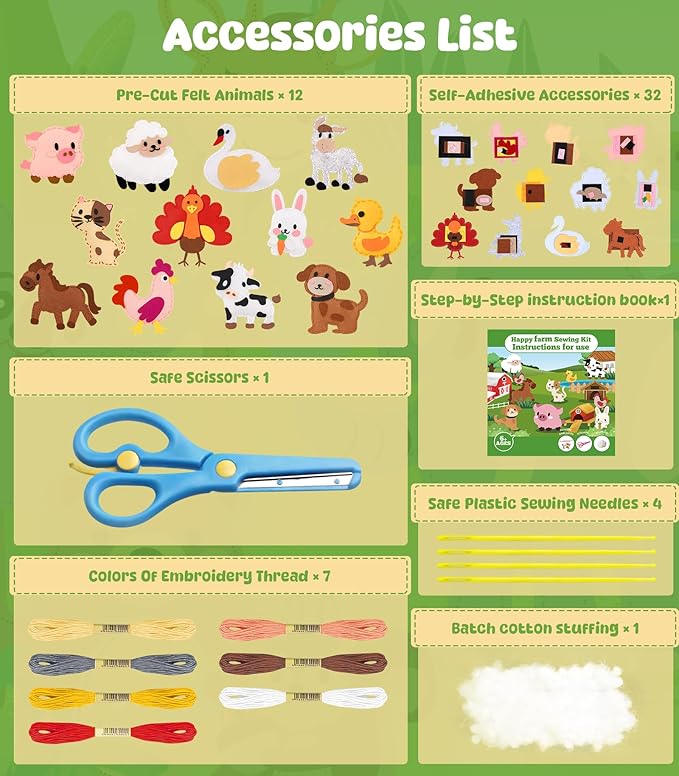 YEETIN Sewing Kit for Kids Ages 6+, Beginner Felt Sewing Craft Kit, DIY Farm Stuffed Animals Making Set, Learn to Sew Gifts for Birthday