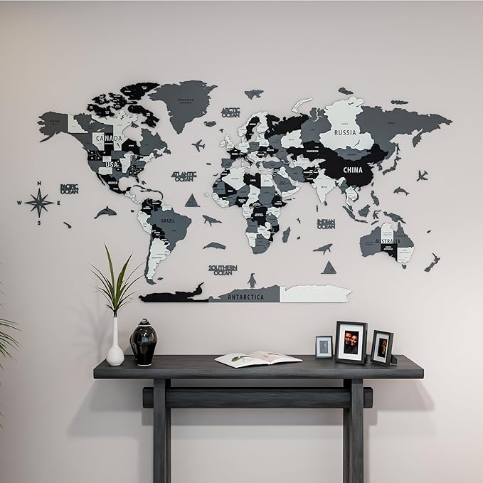 Colorfull Worlds 3D Wooden World Map Wall Art | Unique Wall Decor with Pins for Travel Enthusiasts | Home and Office Wall Décor | Grey | XLarge