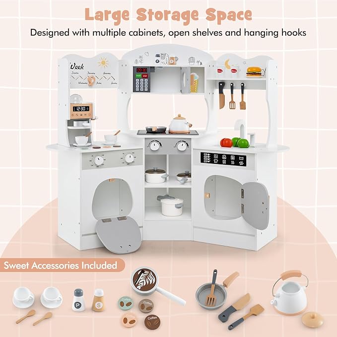 Costzon Corner Play Kitchen, Wooden Kids Kitchen Playset with Lights & Sound, Coffee Maker, Washing Machine, Oven, Microwave, Toddler Toy Kitchen for Pretend Play, Gift for Boys Girls 3+ (White)