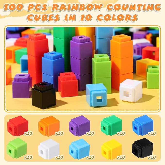 Jenaai 100 Pcs Linking Cubes Plastic Math Cubes Manipulative Counting Blocks STEM Snap Blocks Connecting and Counting for Early Math and Construction, Homeschool Preschool Supplies(Classic)